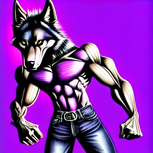 Image similar to anthropomorphic muscular purple wolf, generic furry style, wearing jeans, deviant art, professional furry drawing, insanely detailed, artistic design, hyper detailed wolf - like face, doing a pose from jojo's bizarre adventure, detailed veiny muscles, exaggerated features, beautiful shading, dramatic lighting, huge spikey teeth, grinning