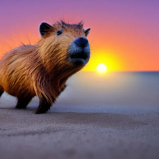 Image similar to a closeup photorealistic photograph of a cute smiling knitted capybara chasing a beachball at sunset. professional capture. this 4 k hd image is trending on artstation, featured on behance, well - rendered, extra crisp, features intricate detail, epic composition and the style of unreal engine.