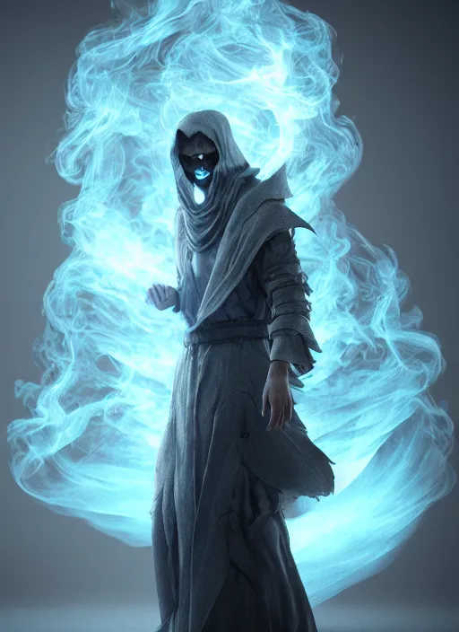 Image similar to highly detailed stunning image of ghost sorcerer full body, 3 d octane render, unreal engine, hyper realistic, realistic, soft illumination, surrounded in dask wispy smoke, trending artstation