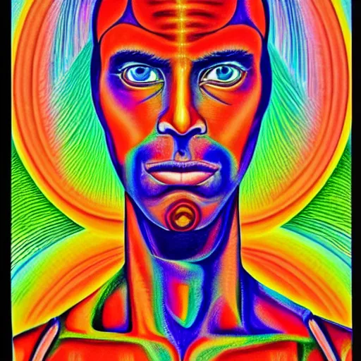 Prompt: a portrait of a beautiful man the style of Alex Grey, colorful,