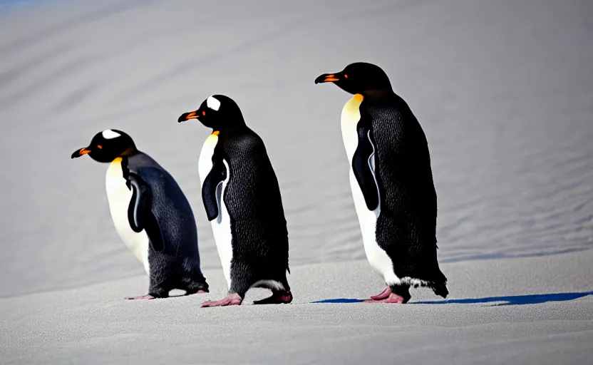 Image similar to confused penguins in sand dunes, photography