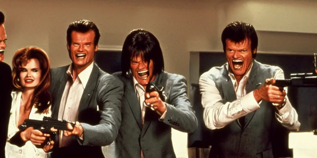 Image similar to still frame of Geena Davis, Roger Moore and Jim Carrey in Pulp Fiction laughing hysterically at a tiny gun