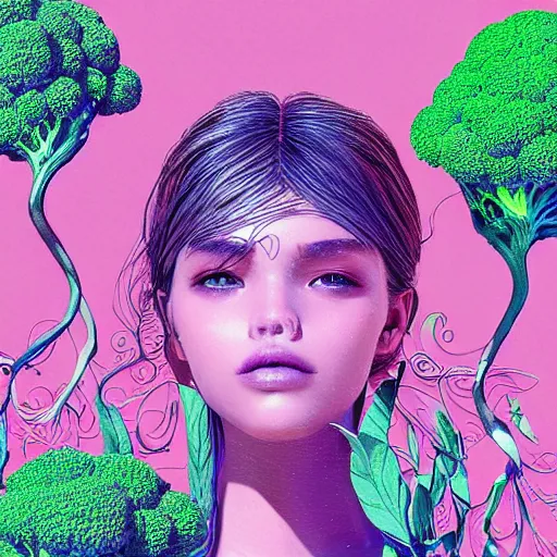 Prompt: the portrait of an unbelievably beautiful, elegant, and sophicated young instagram model partially made of broccoli, an ultrafine detailed illustration by james jean, intricate linework, bright colors, final fantasy, behance contest winner, vanitas, angular, altermodern, unreal engine 5 highly rendered, global illumination, radiant light, detailed and intricate environment