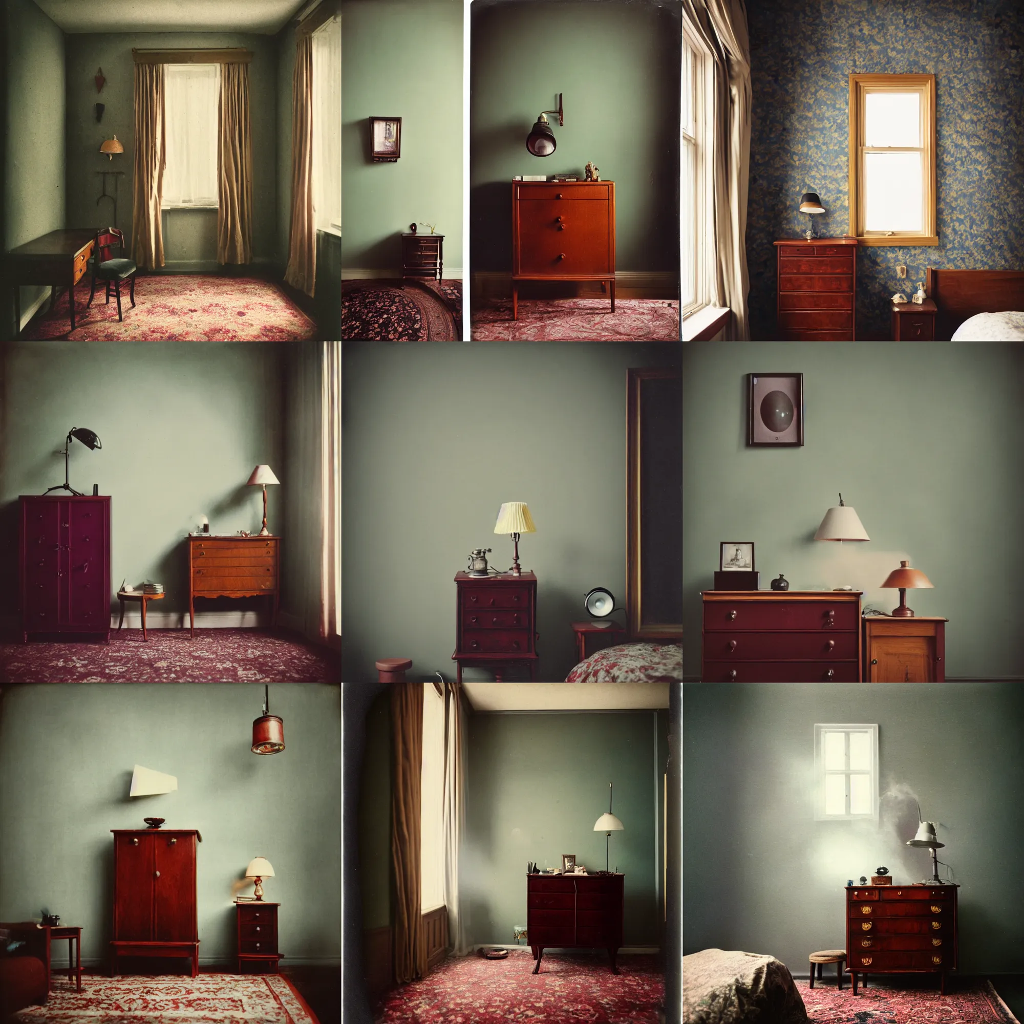 Image similar to kodak portra 4 0 0, wetplate, fisheye, award - winning portrait photo by britt marling, 1 9 2 0 s room, picture frames, 1 9 2 0 s furniture, wallpaper, carpet, shining lamp,, muted colours, blueberry, wood, fog,