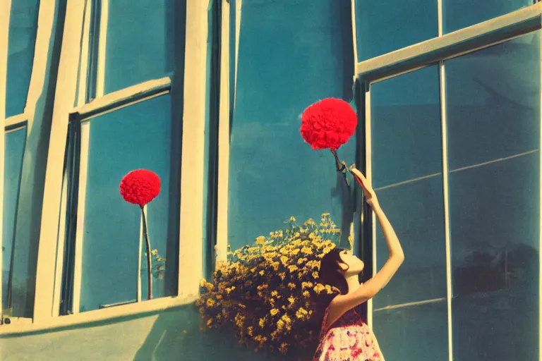 Prompt: giant flower head, girl standing, 1 9 6 0 window, surreal photography, symmetry, mid century, flat perspective, bright colours, blue sky, realistic, wes anderson