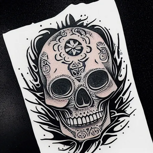 Image similar to tattoo design, stencil, tattoo stencil, traditional, a world famous tattoo of a geometric skull with a galaxy coming out of the top of its head-s 100