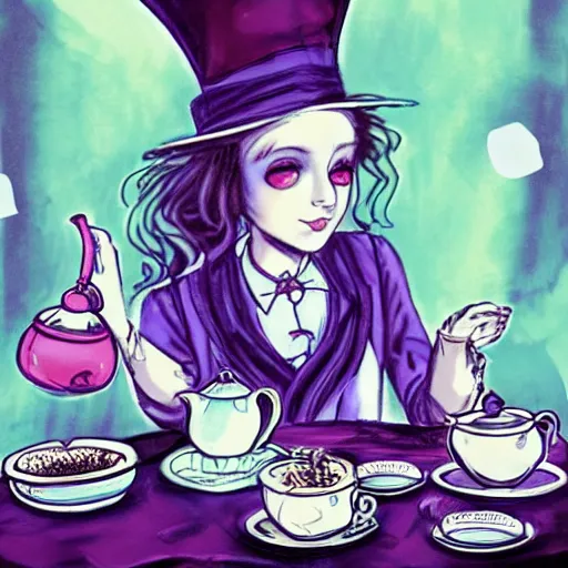 Image similar to Alice in Wonderland having a tea party with the Mad Hatter, in the style of Magic Realism, inspired by shoujo manga, harajuku street fashion, John Singer Sargent, Möbius, Neil Gaiman, yayoi kusama, Grimes, pastel goth, dramatic composition, ethereal, gradients and chromatic aberration effects, very thin expressive lineart, pastel and muted tones, Victorian, dreamlike, otherworldly, photorealistic 4k, hyper detailed
