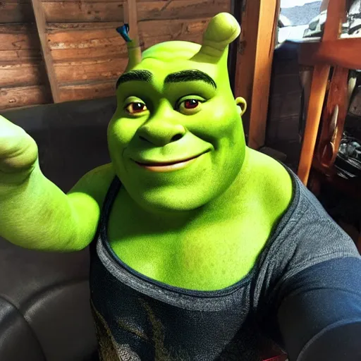 Image similar to shrek take a selfie, he is flexing about his new watch