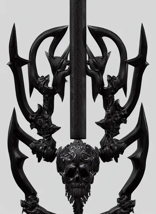 Prompt: a black long sword skull crest, orthographic, ornament, weapon, a 3 d render by dom qwek, front side full, trending on polycount, artstation, hard surface modeling, rendered in maya, zbrush, blender, hd, vray, berserk first person view, symmetry