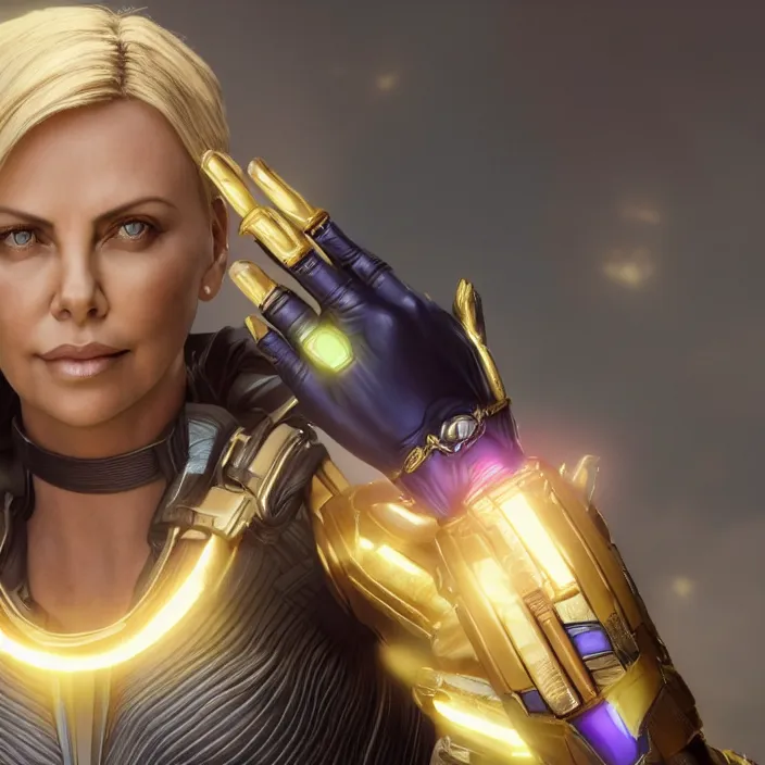 Image similar to portrait of (Charlize Theron), wearing The Infinity Gauntlet. (((infinity stones))) intricate artwork. octane render, trending on artstation, very coherent symmetrical artwork. avengers. thanos. cinematic, hyper realism, high detail, octane render, 8k, iridescent accents