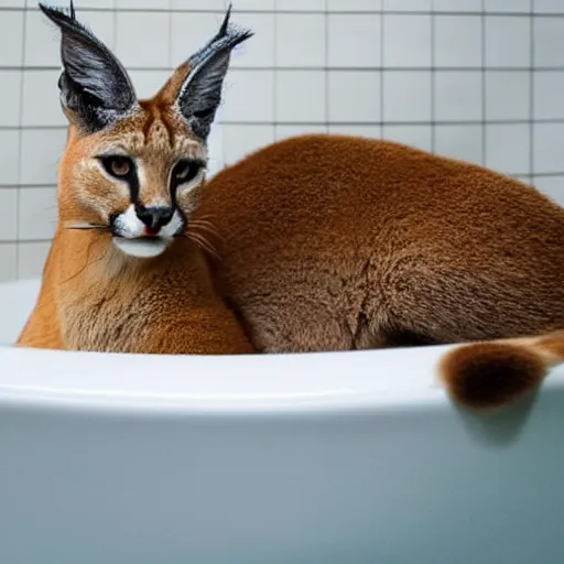 Image similar to Caracal sitting in a bathtub, Instagram photo