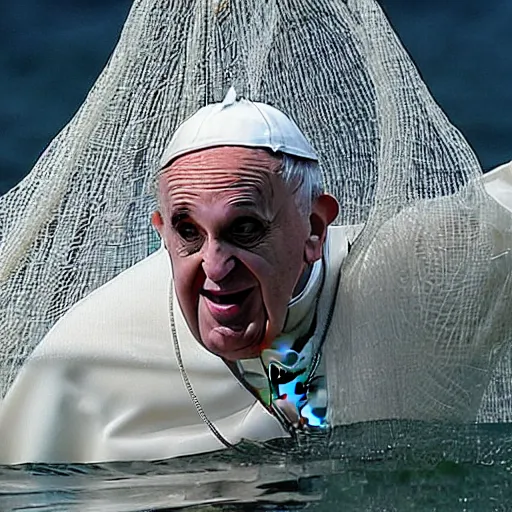 Prompt: The pope panicking underwater because he has got caught in a fishing net