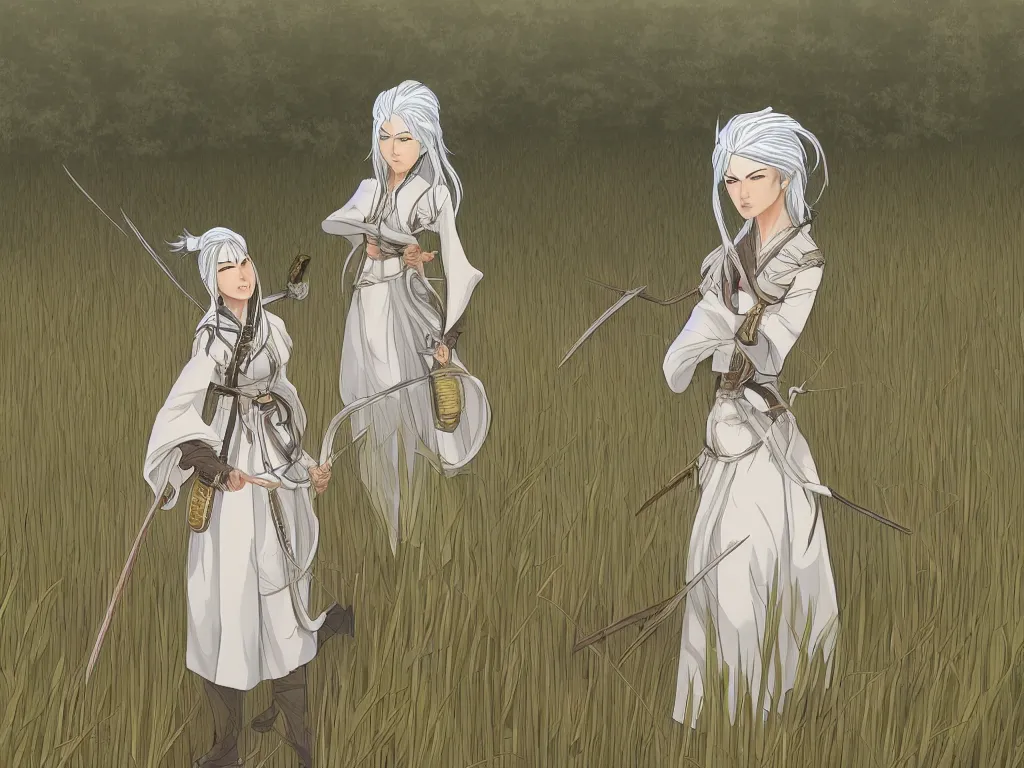 Image similar to an elven samurai women with white hair, standing in front of a field of wheat and a small house in the japanese countryside. anime artstyle from artstation trending.