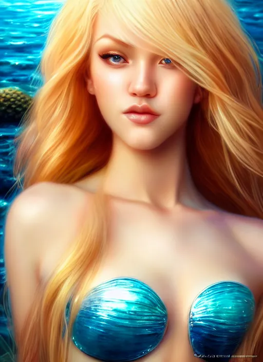 Prompt: photo of a gorgeous blonde female mermaid in the style of stefan kostic, realistic, half body shot, sharp focus, 8 k high definition, insanely detailed, intricate, elegant, art by stanley lau and artgerm, extreme blur coral reef background