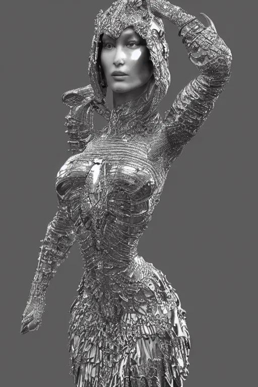 Image similar to a highly detailed medium shot 8 k render of an alien goddess bella hadid in iris van herpen dress schiaparelli armor in diamonds and lots of jewelry in style of alphonse mucha trending on artstation made in unreal engine 4