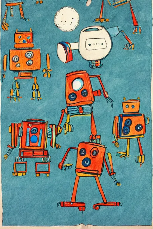 Prompt: children's book illustration of robots doing activities by margret rey