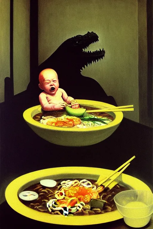 Prompt: evil human giant baby godzilla eating a huge bowl of ramen in new york city, hauntingly surreal, highly detailed painting by francis bacon, edward hopper, adrian ghenie, gerhard richter, and james jean soft light 4 k,