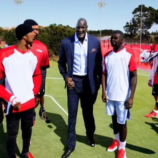 Prompt: michael jordan visiting the campos de sport del sardinero in santander