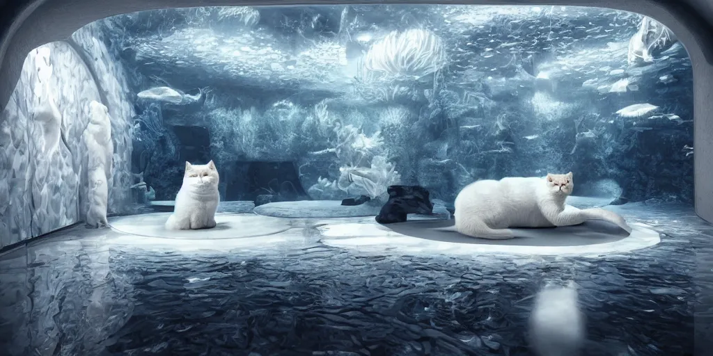 Prompt: a white room with fur walls, cat in the center behind a giant aquarium, reflective floor, digital art, trending on artstation, sharp