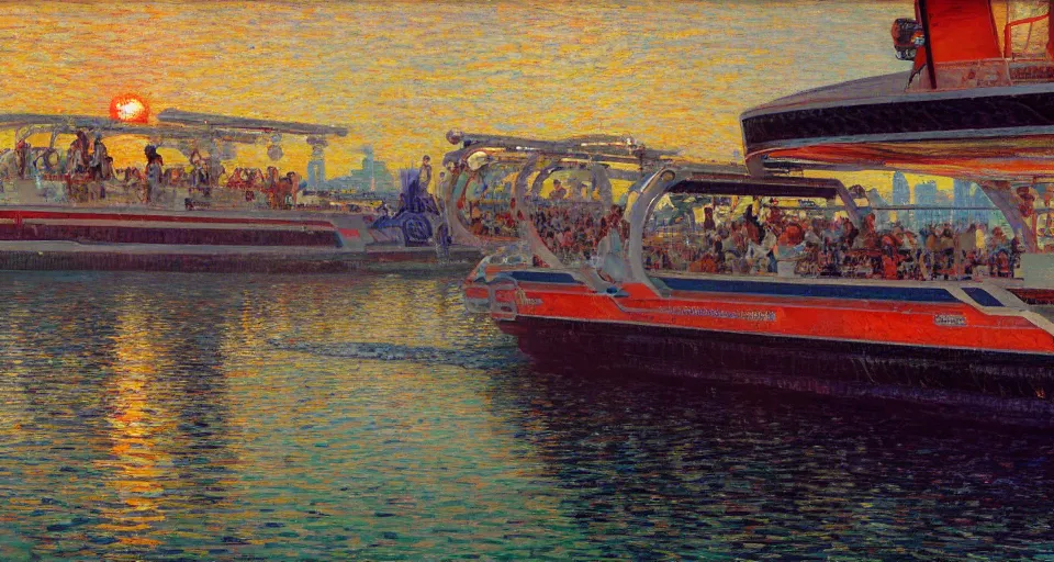 Image similar to detailed close - up of a side view full shot of a energypunk futuristic neon robotic cyberpunk steamboat in the senna river, people waving, impressionism, oil on canvas, natural colors, horizon, golden hour, masterpiece, detailed, by gustave caillebotte, wlop, mucha, greg rutkowski