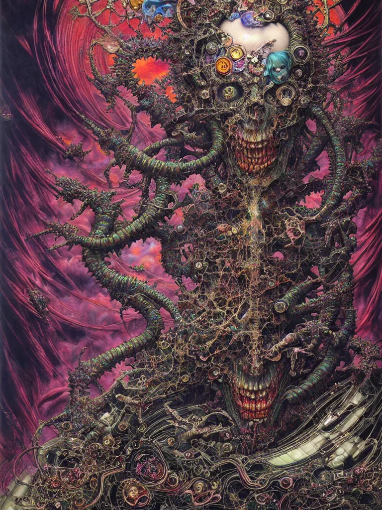 Image similar to realistic detailed image of Technological Diamond Nightmare Abomination Monster God by Ayami Kojima, Amano, Karol Bak, Lisa Frank, and Mark Brooks, Neo-Gothic, gothic, rich deep colors. Beksinski painting, part by Adrian Ghenie and Gerhard Richter. art by Takato Yamamoto. masterpiece