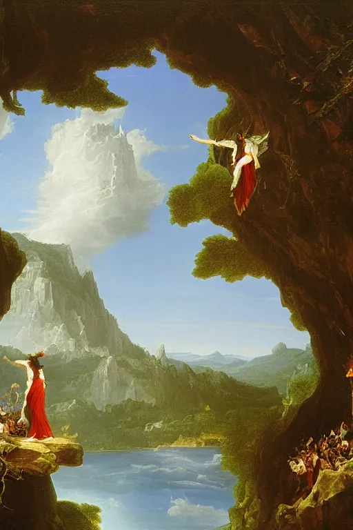 Prompt: a thomas cole naturalist style painting of michael jackson atop mount olympus with enormous columns on either side