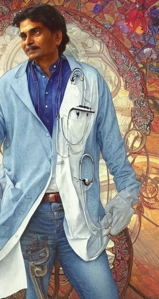 Image similar to close up a beautiful Indian doctor wearing jeans and a shirt in Texas in 2022, sun shining, photo realistic illustration by greg rutkowski, thomas kindkade, alphonse mucha, loish, norman rockwell.