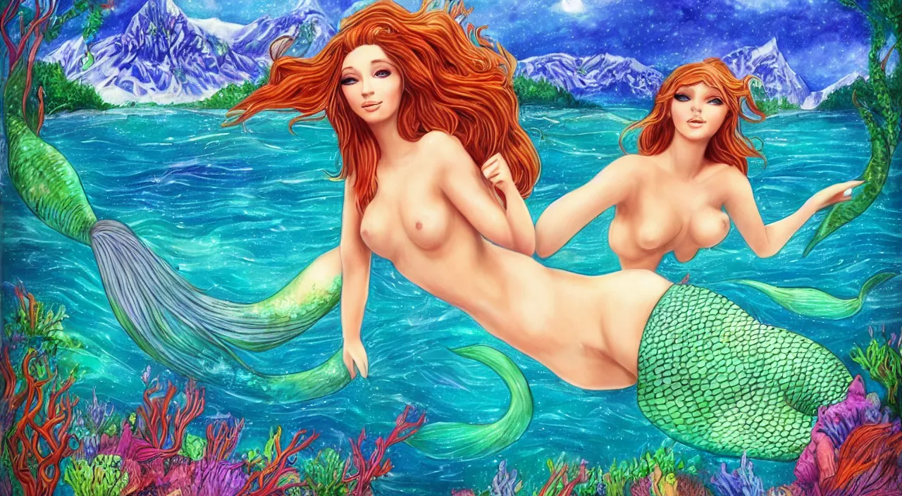 Prompt: a beautiful mermaid, very detailed face, photorealism, beautiful background with mountains and forests, colorful