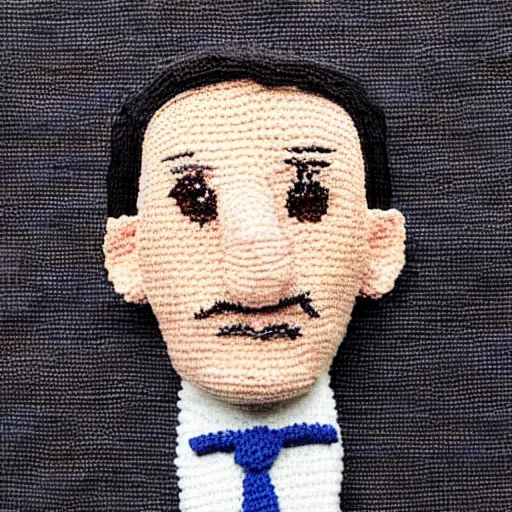Image similar to buster keaton made of yarn, crocheted caricature of buster keaton, photorealistic, soft, cute, trending on artstation