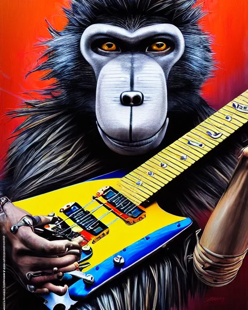 Image similar to a portrait of an anthropomorphic cyberpunk baboon shredding an electric guitar by sandra chevrier, by jon foster, detailed render, tape deck, epic composition, cybernetics, 4 k realistic, cryengine, realistic shaded lighting, sharp focus, masterpiece, by enki bilal