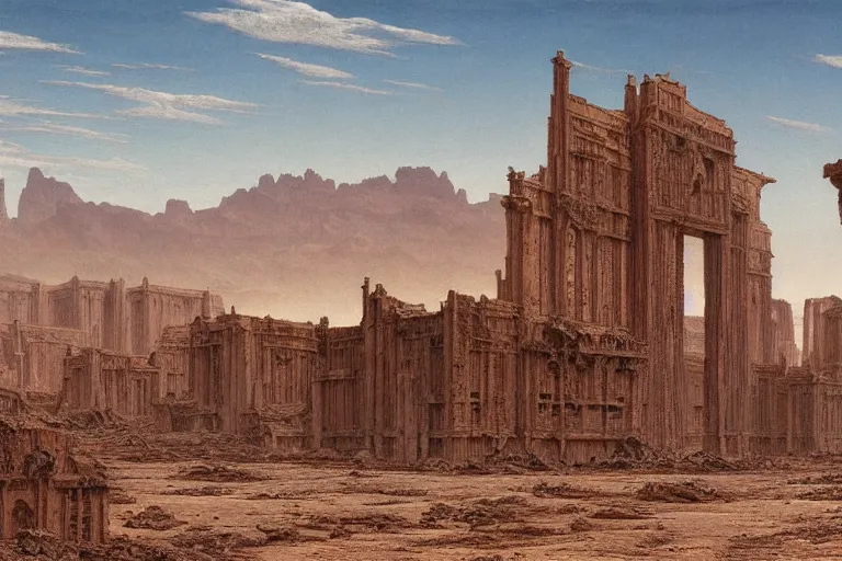 Image similar to intricate, 3 d, endless wastes vast desert abandoned buildings, style by caspar david friedrich and wayne barlowe and ted nasmith