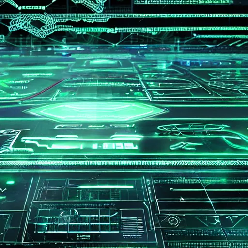 Image similar to futuristic signals, FUI, HUD, futuristic holographic UI floating over microchip paradise of circuitry and futuristic technology