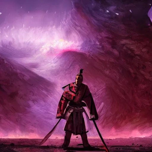 Image similar to a still of a samurai standing in the ruins of crux prime, destroyed castle, purple and blue fiery maelstrom in the distance, digital art, artstationhq