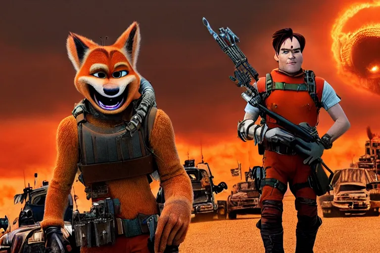 Image similar to nick wilde, heavily armed and armored facing down armageddon in a dark and gritty reboot from the makers of mad max : fury road