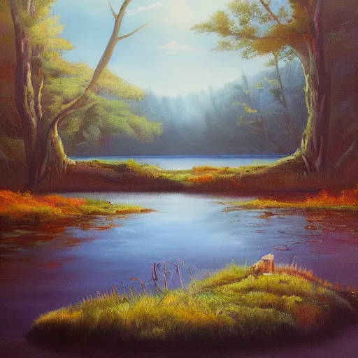 Prompt: a lake that leads into another dimension, oil painting, trending on artstation