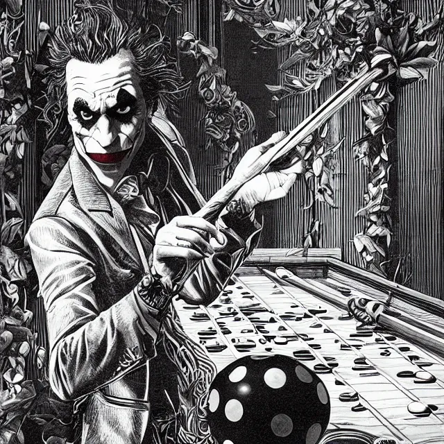 Image similar to the joker playing pool, by ernst haeckel, artgerm, james jean