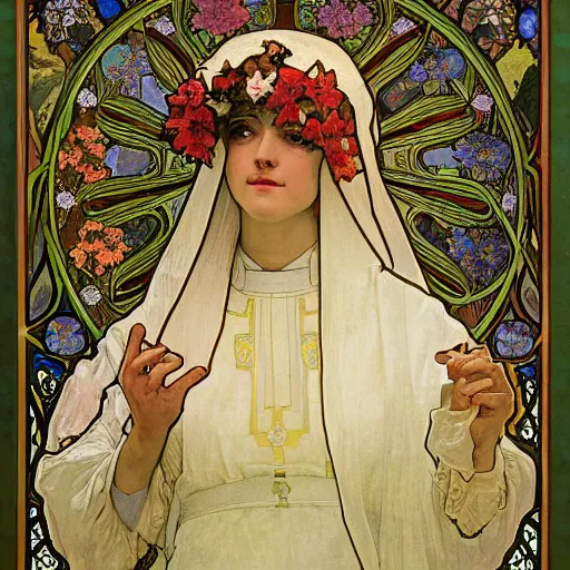 Prompt: a Masterpieces portrait of A nun covered in flowers radiates holy light in the church by Alphonse Mucha,Gustave Doré style,oil on canvas