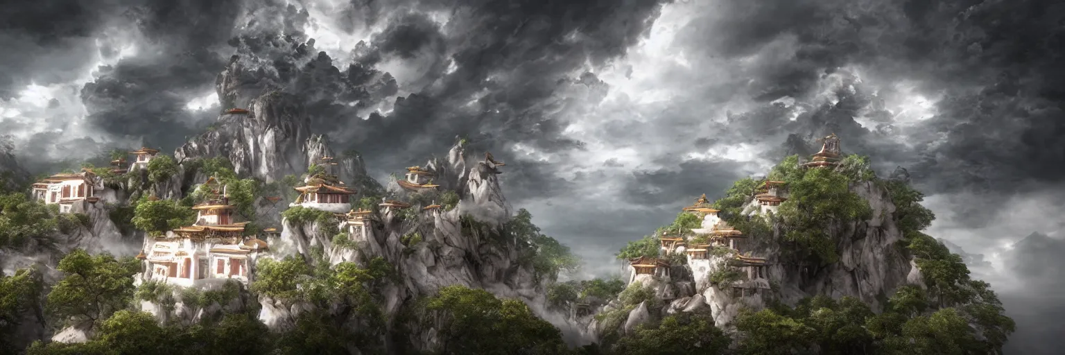 Image similar to flying monastery in the clouds, octane render, by Tomino-sama