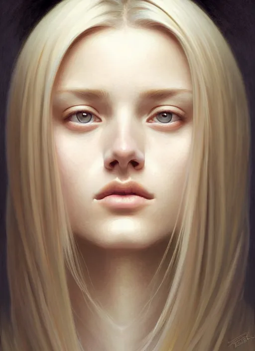 Image similar to symmetrical face!! portrait of young woman blessed with ever - increasing physical and mental perfection, realism, blonde hair, perfect face!! intricate, elegant, highly detailed, vision of holy perfection!! digital painting, artstation, concept art, smooth, sharp focus, illustration, humanity, art by artgerm and greg rutkowski and alphonse mucha