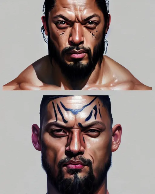 Image similar to face portrait of roman reigns as a muscular stephen curry, wearing a haori, by wlop and peter mohrbacher, dramatic action pose, extremely detailed shading, concept art, digital painting, trending on artstation, unreal engine 5, octane render, atmosphere, glow, cinematic lighting, full of color