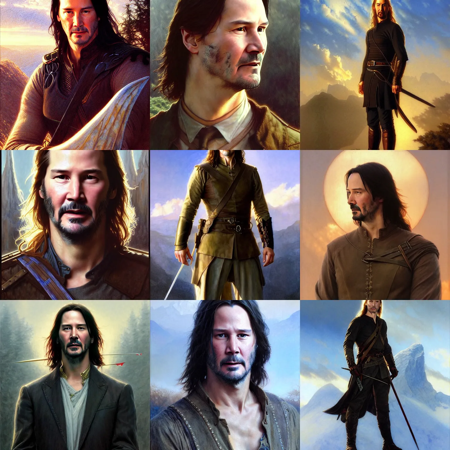 Prompt: ((((Keanu reeves)))) as (Legolas) by Alan Lee, (golden hour), concept art, detailed clothing, art station, oil painting, art by artgerm and greg rutkowski and alphonse mucha