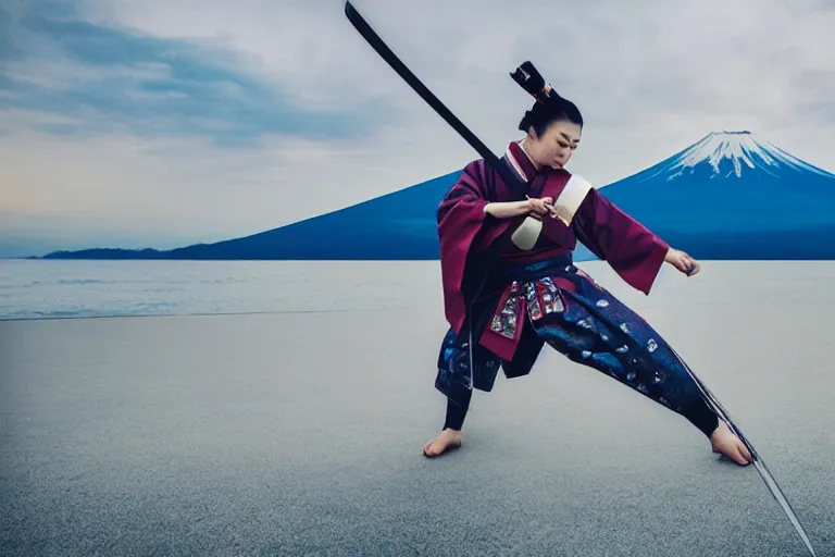 Image similar to beautiful photo of a geisha samurai warrior, mt fuji in the background, mid action swing, shining silver katana sword, award winning photo, muted pastels, action photography, 1 / 1 2 5 shutter speed, dramatic lighting