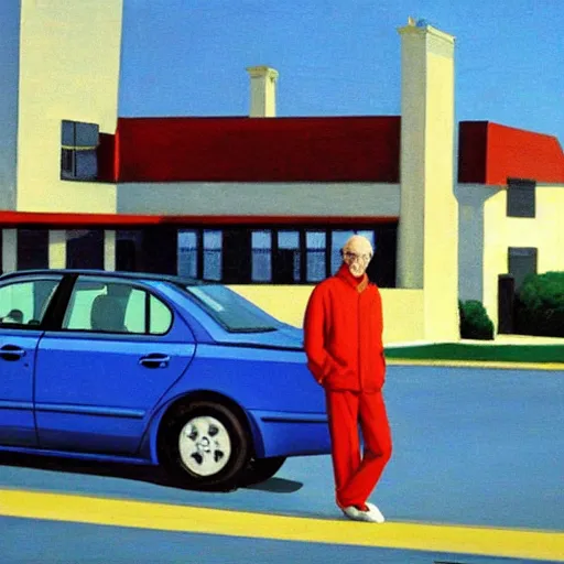 Image similar to larry david standing on roof of 2009 prius, edward hopper painting