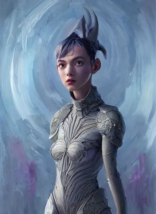 Image similar to a professional painting of a beautiful young female alien, clothed in ethereal armor, olive skin, long dark hair, beautiful bone structure, symmetrical facial features, intricate, elegant, digital painting, concept art, smooth, sharp focus, illustration, from Valerian and the City of a Thousand Planets, by Ruan Jia and Mandy Jurgens and Artgerm and William-Adolphe Bouguerea