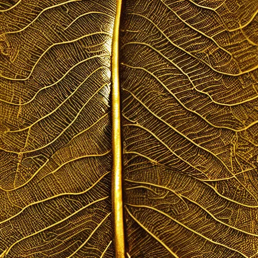 Image similar to Intricate fantasy leaf, encrusted with jewels, gilded gold, detailed veins, sharp focus, octane render, high quality, 8k, volumetric lighting, on black background