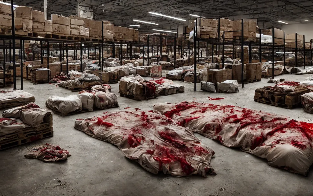 Prompt: A photo of pallets and bags full of bloody slowly rotting body parts and organs in a modern clean warehouse, photorealistic, creepy, bloody, atmospheric, horror, gore, cinematic, intricate, featured on artstation