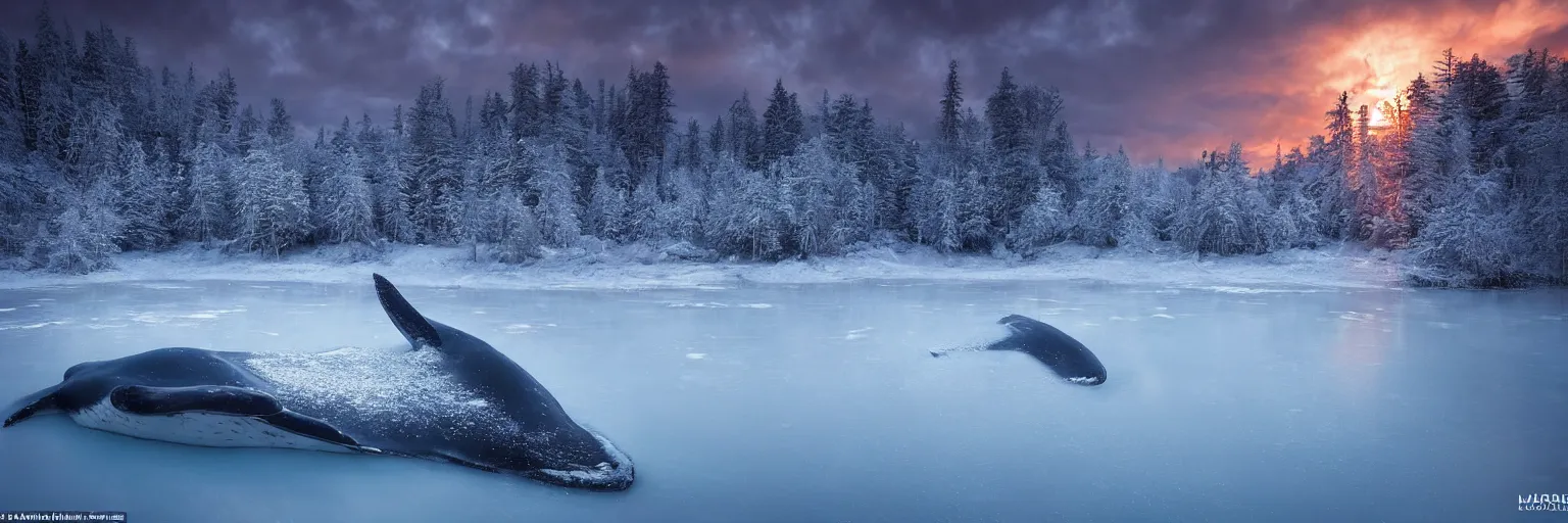 Prompt: amazing landscape photo of a frozen whale underneath a frozen lake at sunset by marc adamus beautiful dramatic lighting