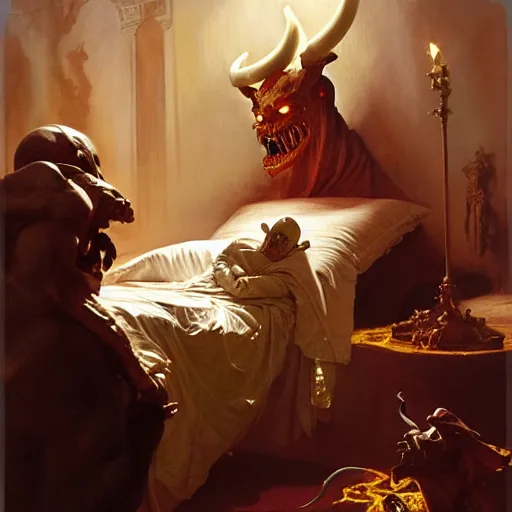 Prompt: the pope is in his bed, nervous and terrified, because a double horned shadow figure from hell is attacking him. highly detailed painting by gaston bussiere, j. c. leyendecker, greg rutkowski, craig mullins 8 k