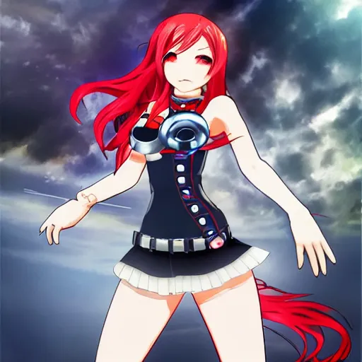 Image similar to maki nishikino from love live with cyborg body, red hair, anime style