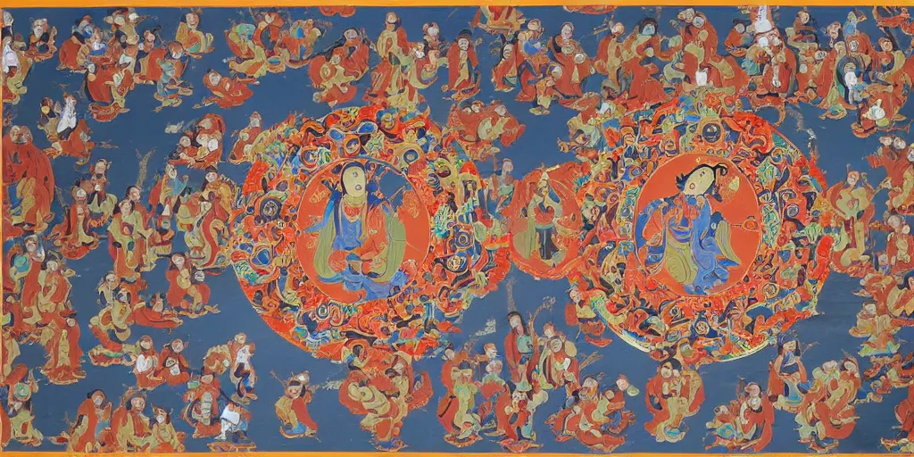 Image similar to The devil runs a group of people's lives in a big circle, Thangka painting style.
